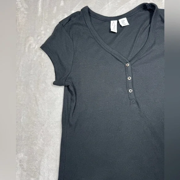 Joie Pima Cotton Blend Black Ribbed Henley Stretchy Short Sleeve Top Size M - Picture 2 of 12